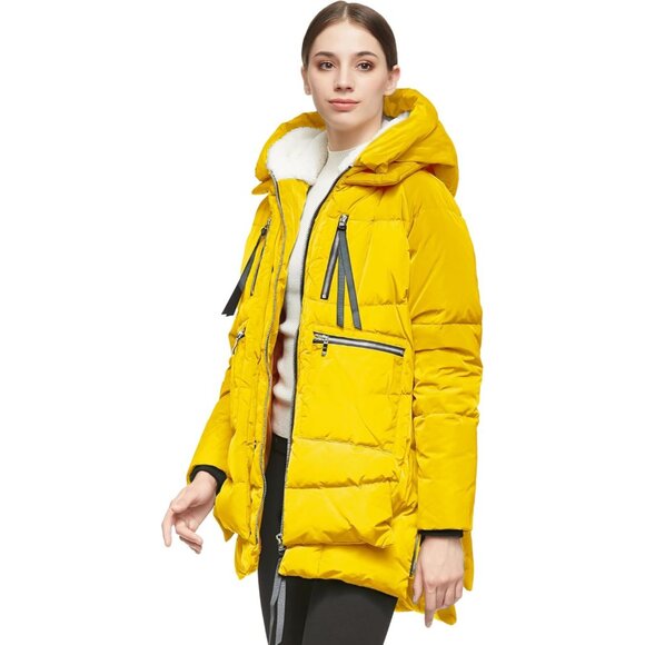 🆕 Women Yellow Thickened Down Fluffy Soft Rib-Knit Cuffs Light Rain Warm Jacket - Picture 3 of 6